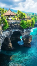 Clifftop Balinese Pavilion Over Turquoise Coastal Waters. Uluwatu Temple.