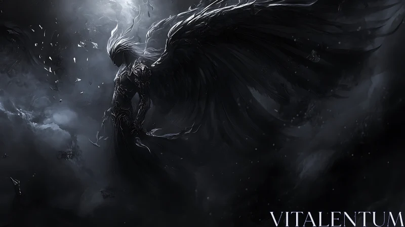 Winged dark humanoid figure suspended in swirling shadows.
