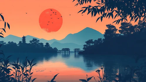 Sunset lake with pagoda silhouettes and distant mountains.