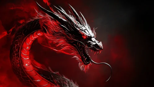 Crimson serpentine dragon arcs through smoke in high-contrast digital