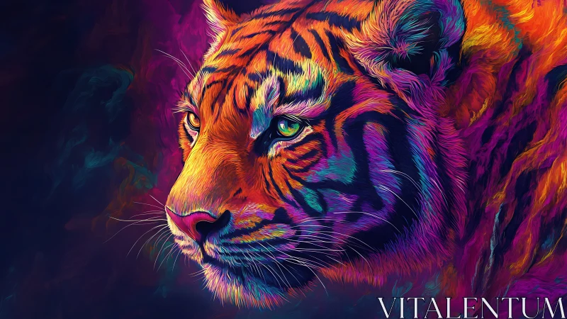 Neon chromatic tiger portrait in dynamic digital painting style.