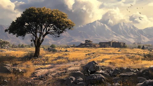 Solitary tree in golden savanna before rugged mountains.