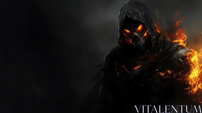 Hooded skeletal figure with burning edges occupies right frame