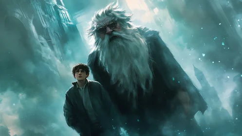 Stormlit wizard mentor looms above a wandering young seeker.