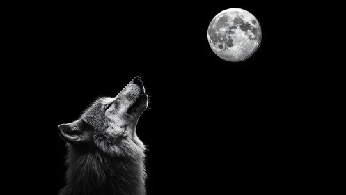 Wolf gazes toward full moon in stark monochrome night sky