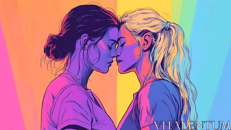 Two figures profile composition with rainbow gradient background.