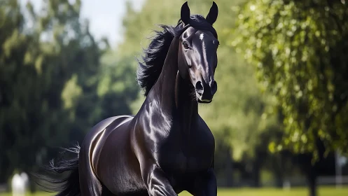 Midnight stallion surges through sunlit emerald meadow.