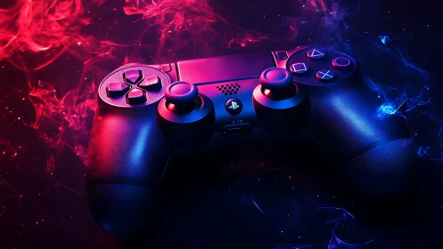 DualShock-style game controller with neon smoke lighting.