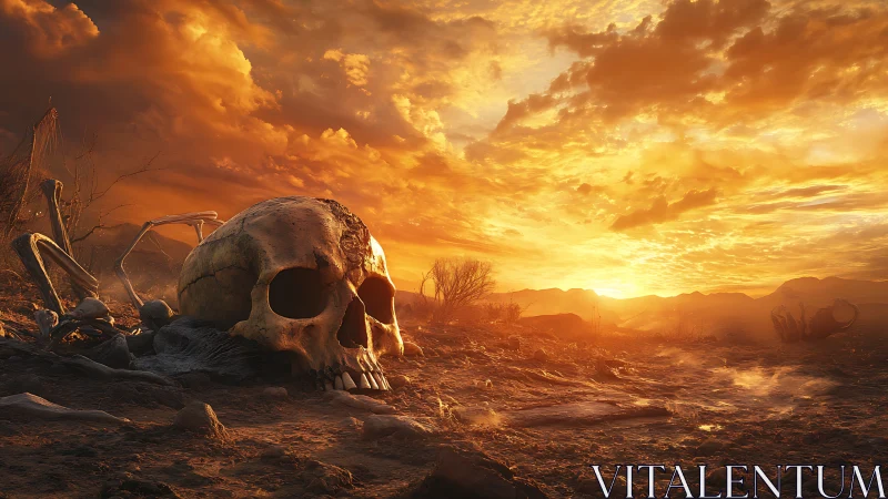 Giant weathered skull anchors a post apocalyptic sunset panorama
