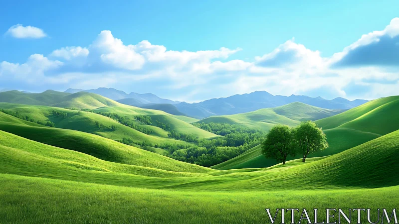 Vibrant green hills under blue sky with distant mountains.