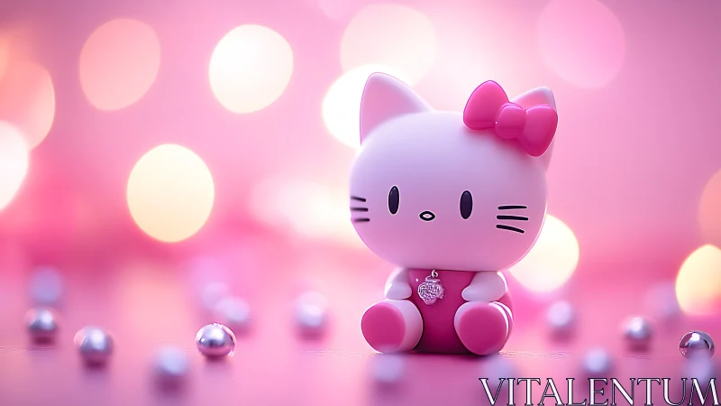 Sweet pink kitty figurine sits in a dreamy pastel glow