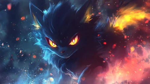 Fierce ember-eyed spirit fox steps from swirling blue fire