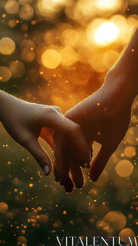 Hands Intertwined Against Golden Bokeh Backdrop. Connection.