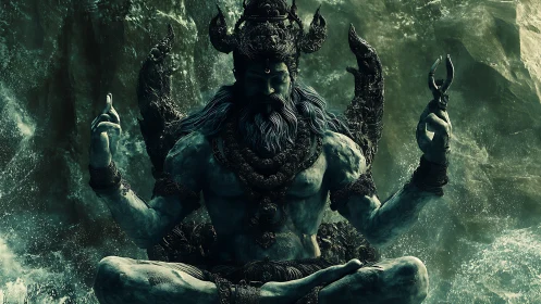 Mythic stone deity meditates against storming ocean backdrop