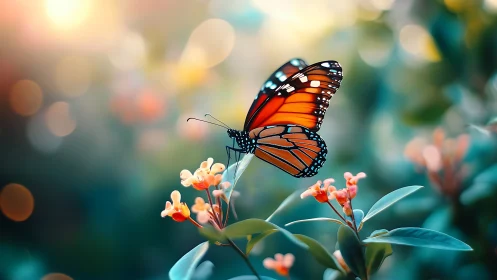 Butterfly glows in dreamy garden bokeh at sunrise light.