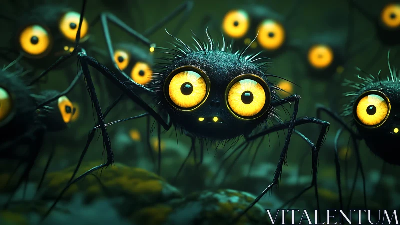 Wide-eyed furry spider creatures cluster in dense green fog