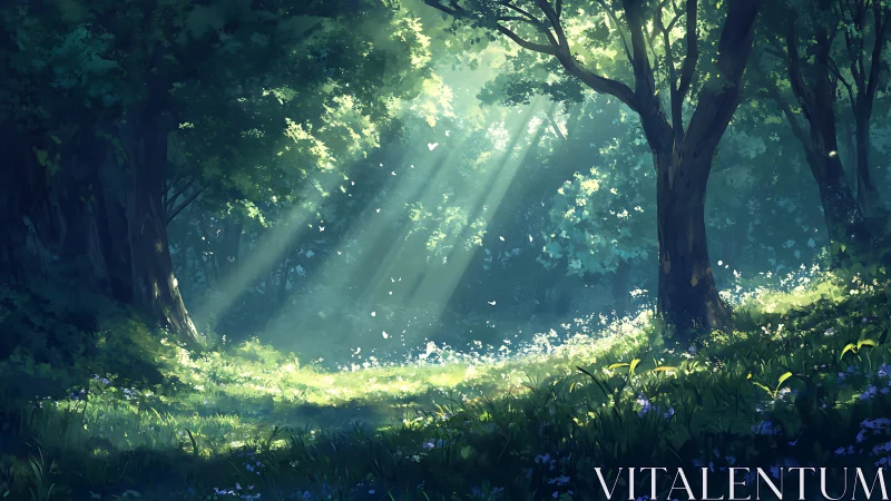 Sunlit forest clearing with trees and dense green foliage.