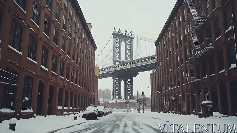 Snowy city bridge framed by quiet brick canyons at dawn.
