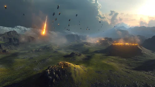 Futuristic invasion over vast mountain valley at dusk.