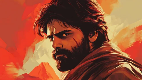 Cinematic digital portrait uses bold vector strokes and warm palette