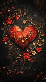 Ornate Red Heart with Golden Florals. Romantic baroque design.