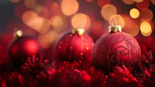 Macro close-up of red glitter Christmas baubles with bokeh lights