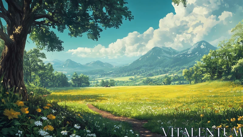 Sunlit alpine meadow with wildflowers, foothills and cumulus clouds