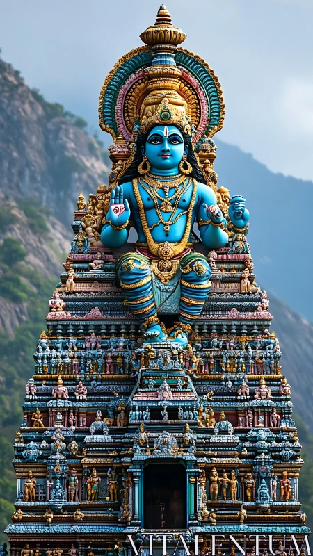 Majestic blue temple deity rises against misty mountain backdrop