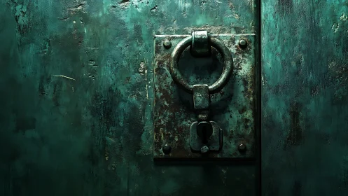 Ancient teal door knocker guards a rust-bitten keyhole.