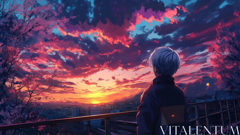 Boy on balcony watching vivid city sunset sky.