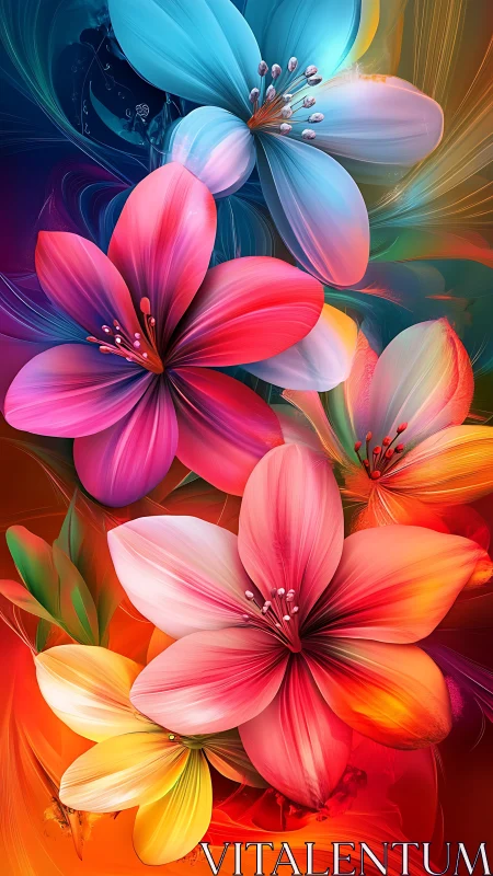 Multilayered Digital Floral Composition With Gradient Transitions.