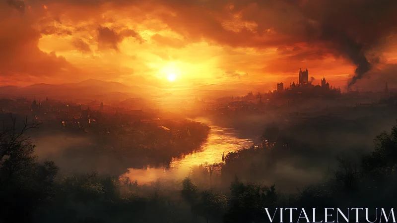 Sunlit river valley and distant fortified city skyline.