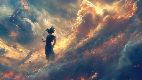 Skybound warrior drifting through ember-streaked stormclouds.