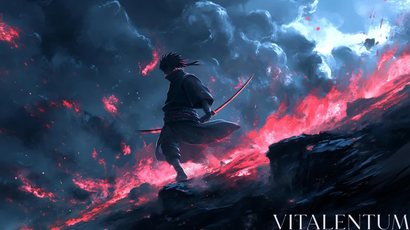 Volcanic katana silhouette in high-contrast atmospheric turmoil.
