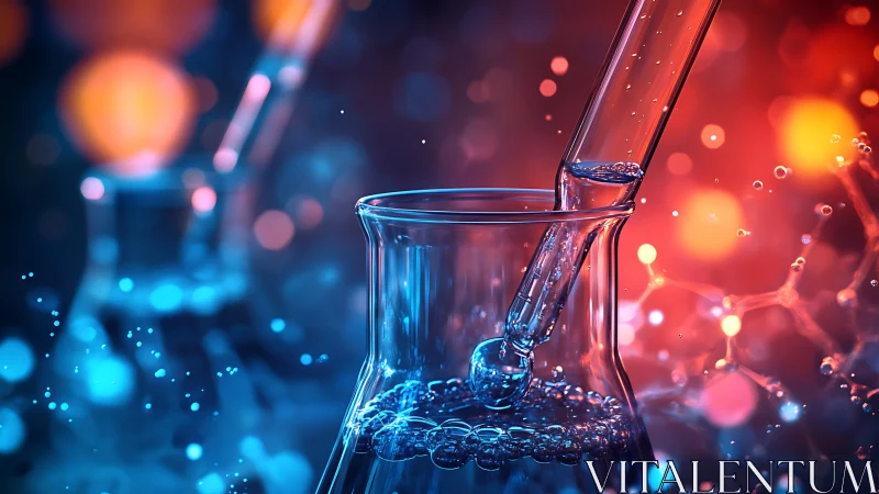 Colorful lab glassware with pipette in chemical solution.