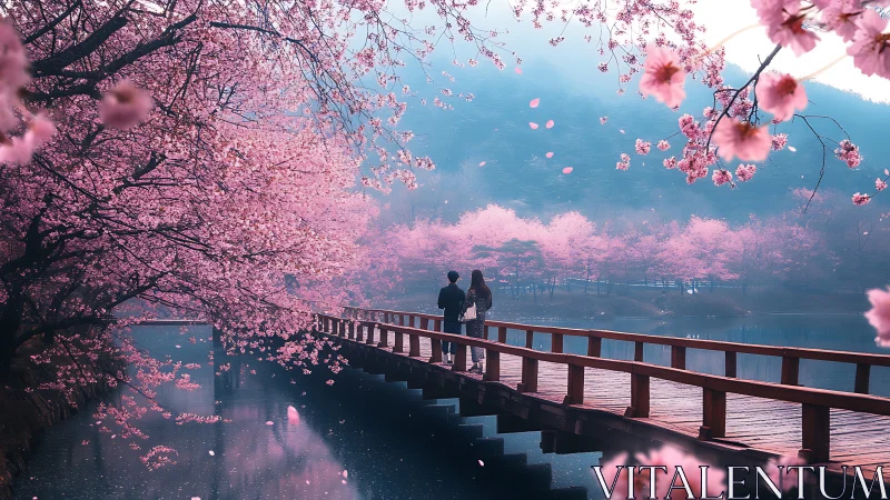 Cherry blossom riverside bridge frames distant misty hillside