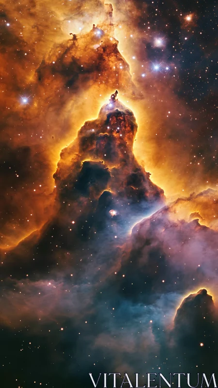 Vertical interstellar gas pillar with surrounding starfield view.