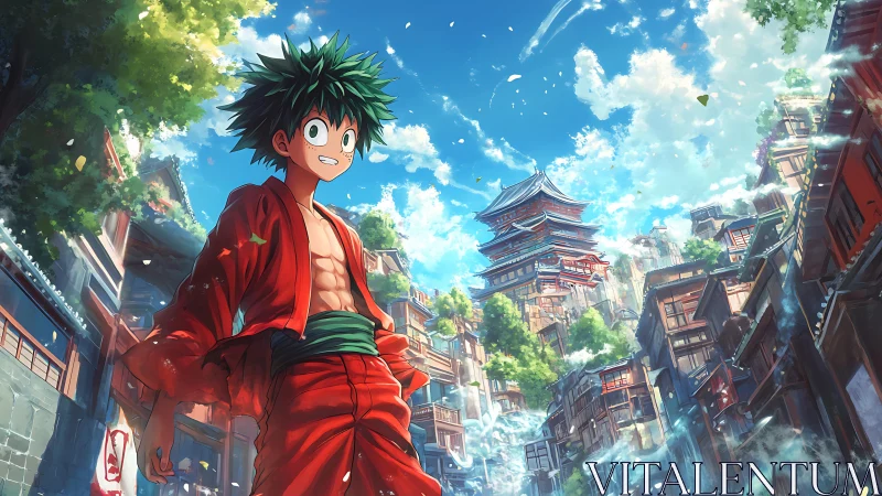 Anime character stands in detailed urban temple environment