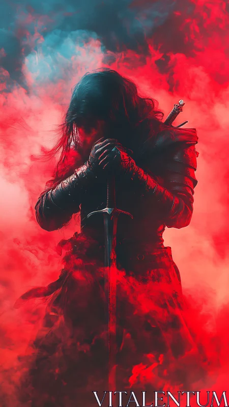 Armored swordsman in vivid red mist with dramatic backlight
