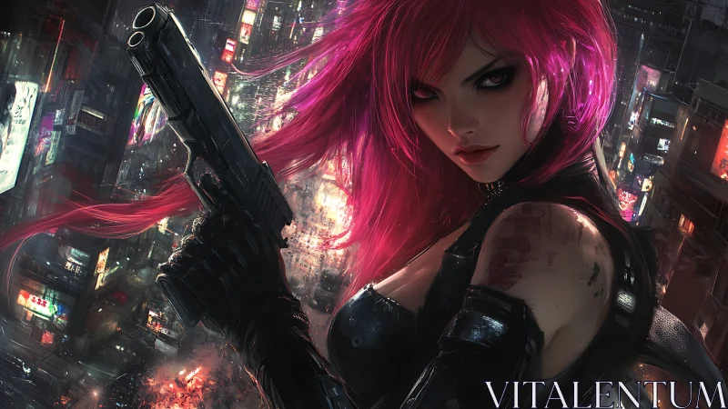 Cyberpunk assassin with neon hair stalks rainy megacity.