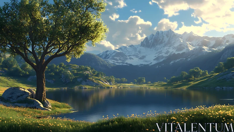 Sunlit alpine lake reflects snow peaks in tranquil valley