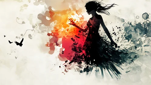 Silhouette woman amid abstract ink and fiery color field.