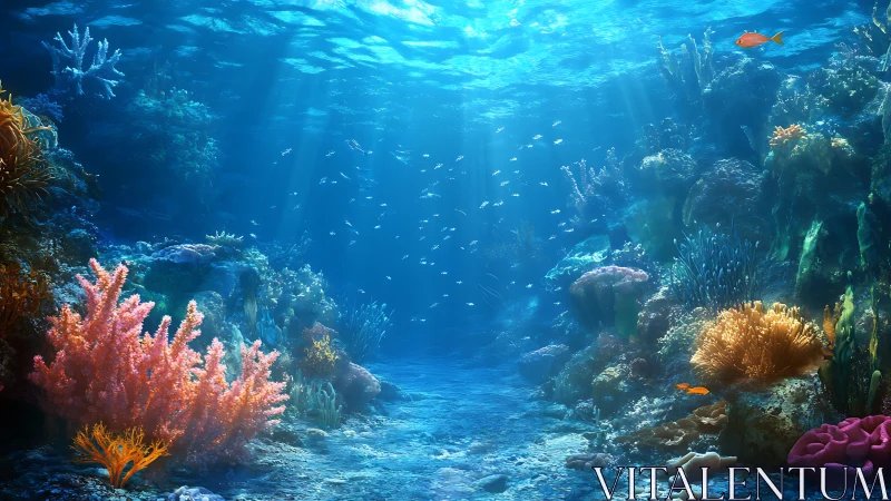 Sunlit coral reef valley glows beneath clear tropical water