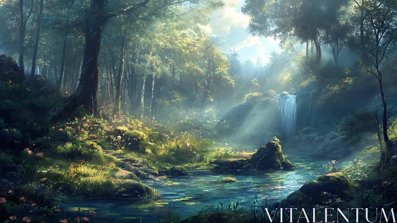 Enchanted Forest Waterfall With Mystical Light Rays.