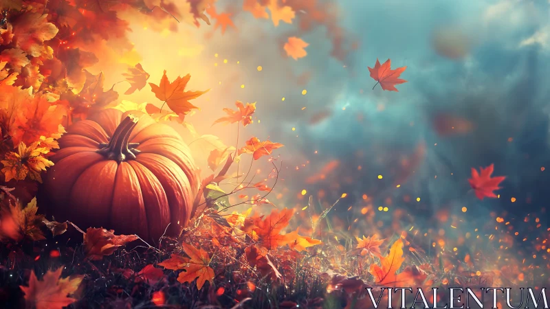 Autumn pumpkin glows beneath drifting ember-bright leaves.