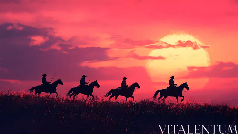 Silhouetted riders traverse grassland under saturated crimson sunset