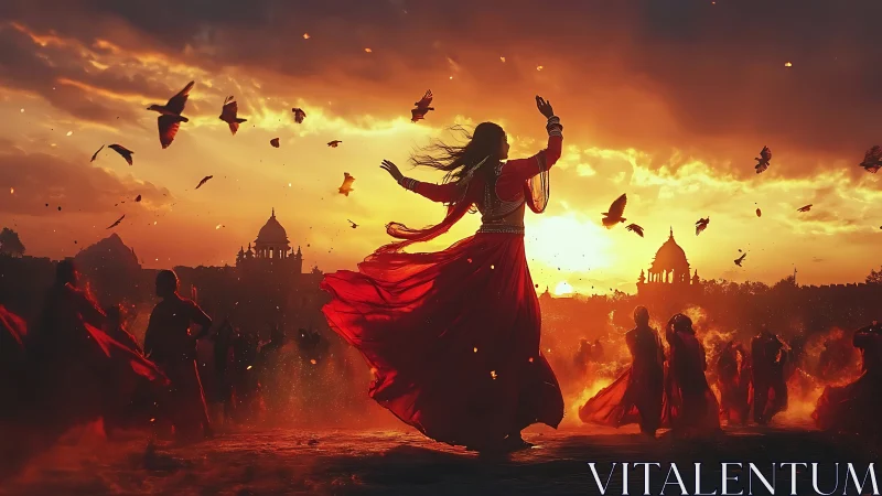 Sunset dance in flowing red beneath a glowing temple sky.