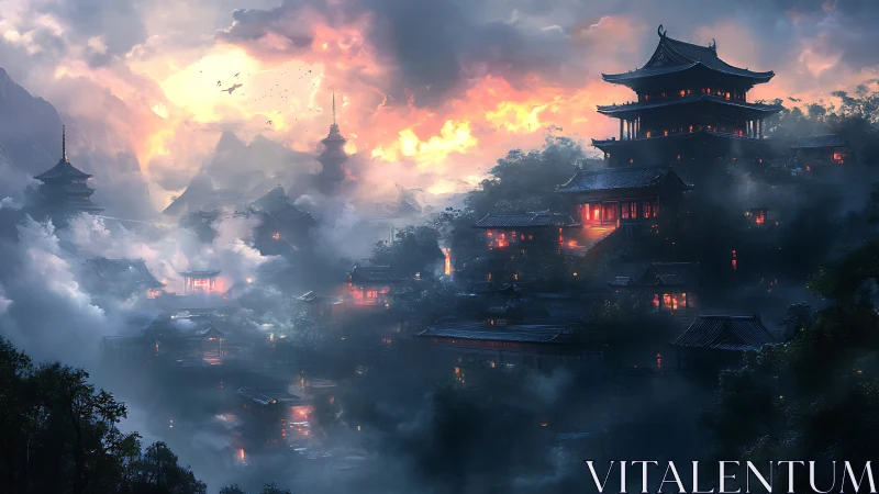 Mystic mountain temple city glowing through storm clouds.