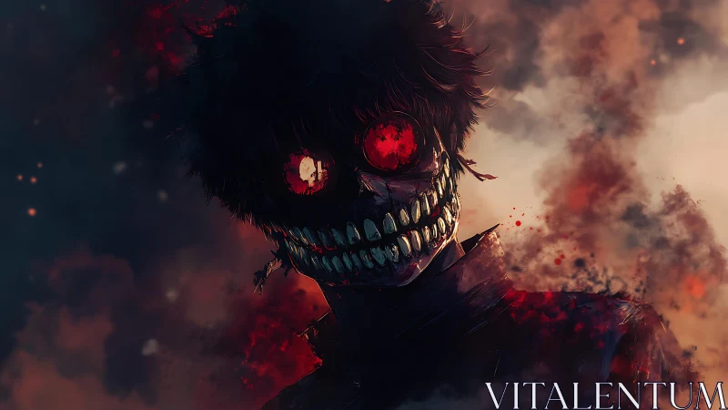 Red eyed skeletal figure in smoky, dark background scene.