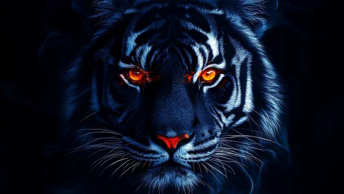 Neon blue tiger portrait with glowing orange eyes at night.